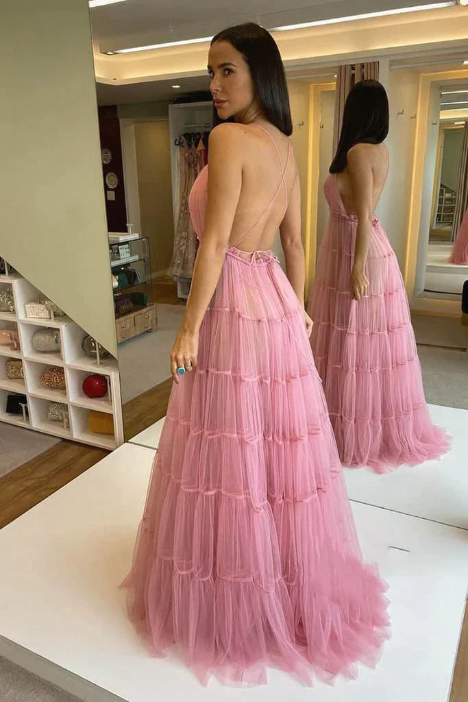 LTP1217,Spaghetti Pink Tulle Prom Dresses,Lovely Prom Dresses,A-Line Formal Dresses
