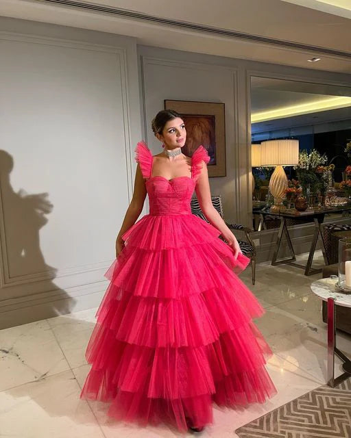 LTP1233,Sweet Hot Pink Tulle Prom Dresses,A-Line Evening Formal Gown