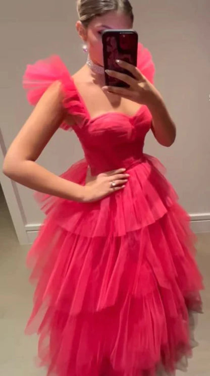 LTP1233,Sweet Hot Pink Tulle Prom Dresses,A-Line Evening Formal Gown