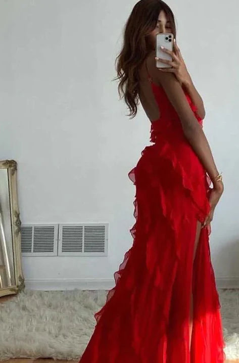 LTP1240,Red Ruffles Long Formal Dress,Spaghetti Straps Elegant Evening Dress