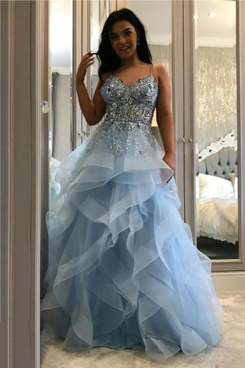 LTP1054,Charming blue prom dresses,beaded tulle prom evening dress