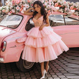 LTP1193,Pink Sweetheart Short Prom Dress Ball Gowns Straps Beaded Crystal Tiered Knee Length Brithday Party Gown