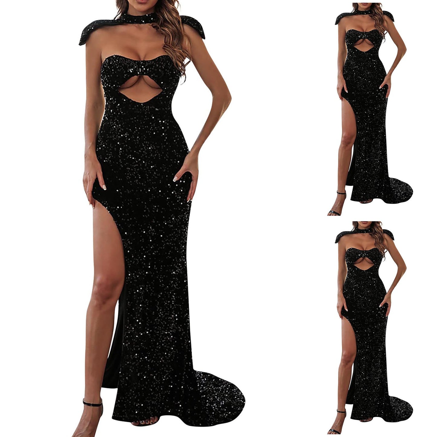 LTP1724,Black Sequin Sexy Prom Dresses, Side Slit Evening Party Dresses