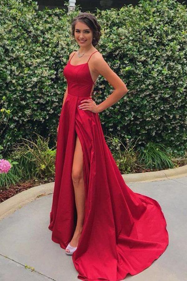 LTP0291,Red spaghetti straps long prom dress satin cross back evening gowns