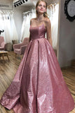 LTP1186,Sparkle Floor Length A-line Scoop Spaghetti Straps Long Prom Dress with Pockets