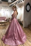 LTP1186,Sparkle Floor Length A-line Scoop Spaghetti Straps Long Prom Dress with Pockets