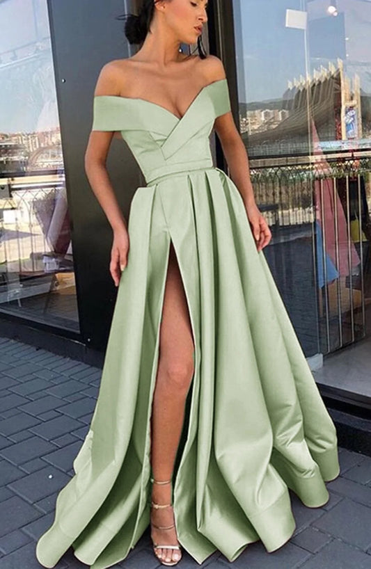 LTP1604,Mint Green Satin Off The Shoulder Long Prom Formal Dresses