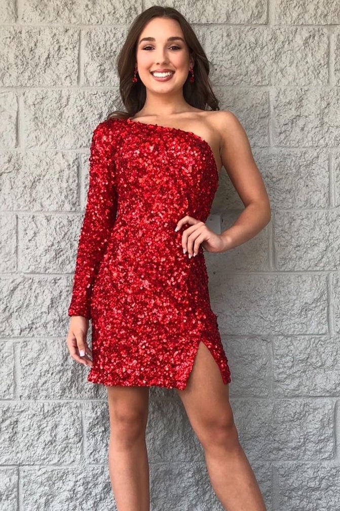 LTP1478,Red Homecoming Dresses,One Sleeves Mini Party Dress