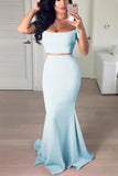 LTP1339,Two Pieces Mermaid Satin Long Prom Dresses Light Blue Evening Formal Gown