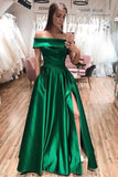 LTP0767,Off the shoulder green prom dresses a-line satin full length evening dresses online