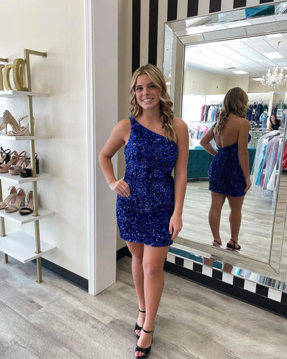 LTP1410,One shoulder sequin mini homecoming dresses