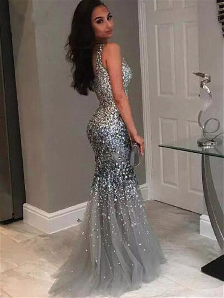 LTP0717,Grey beaded prom dresses mermaid tulle sleeveless evening party dress