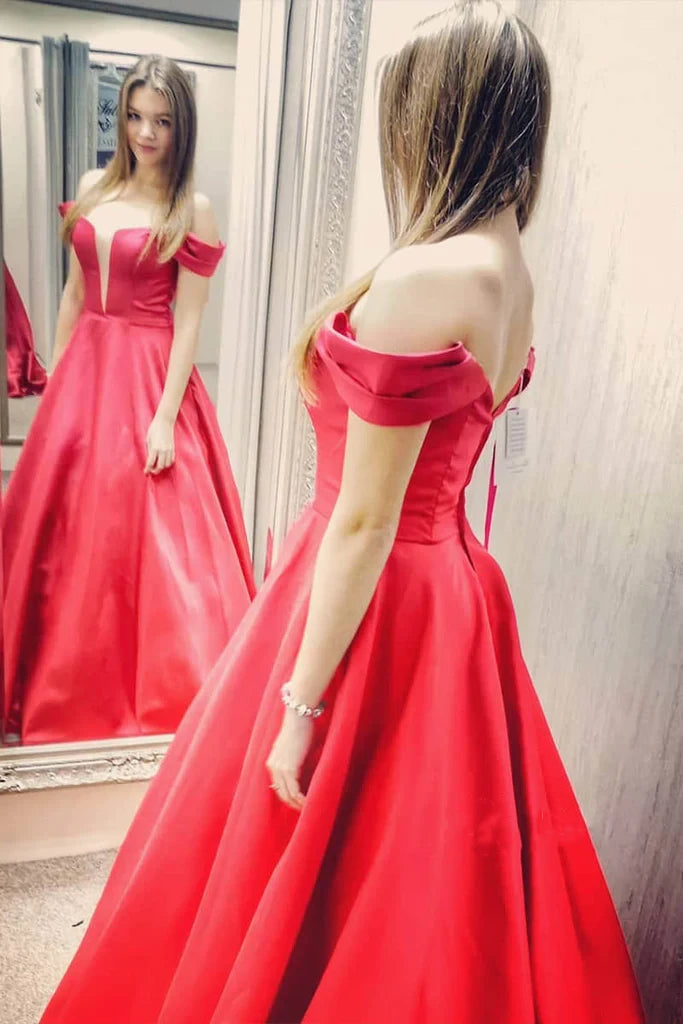 LTP1306,Off the shoulder red prom dresses a-line satin evening gown
