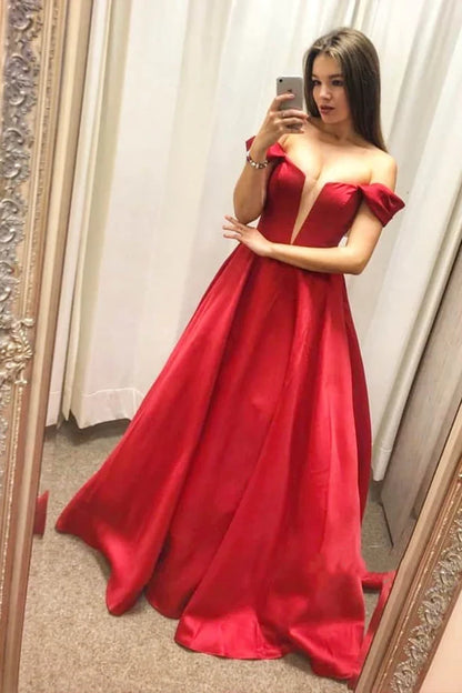 LTP1306,Off the shoulder red prom dresses a-line satin evening gown