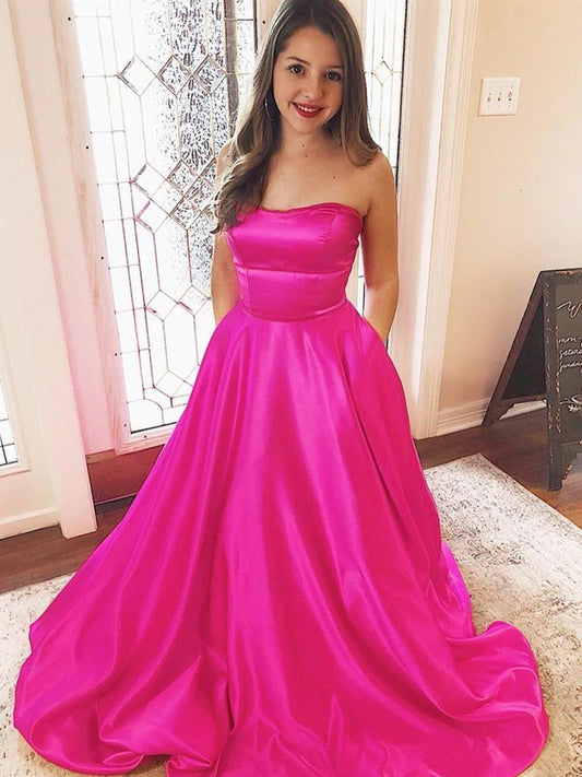 LTP1060,Strapless Fuchsia Satin Long Prom Dresses Evening Dresses With Pockets