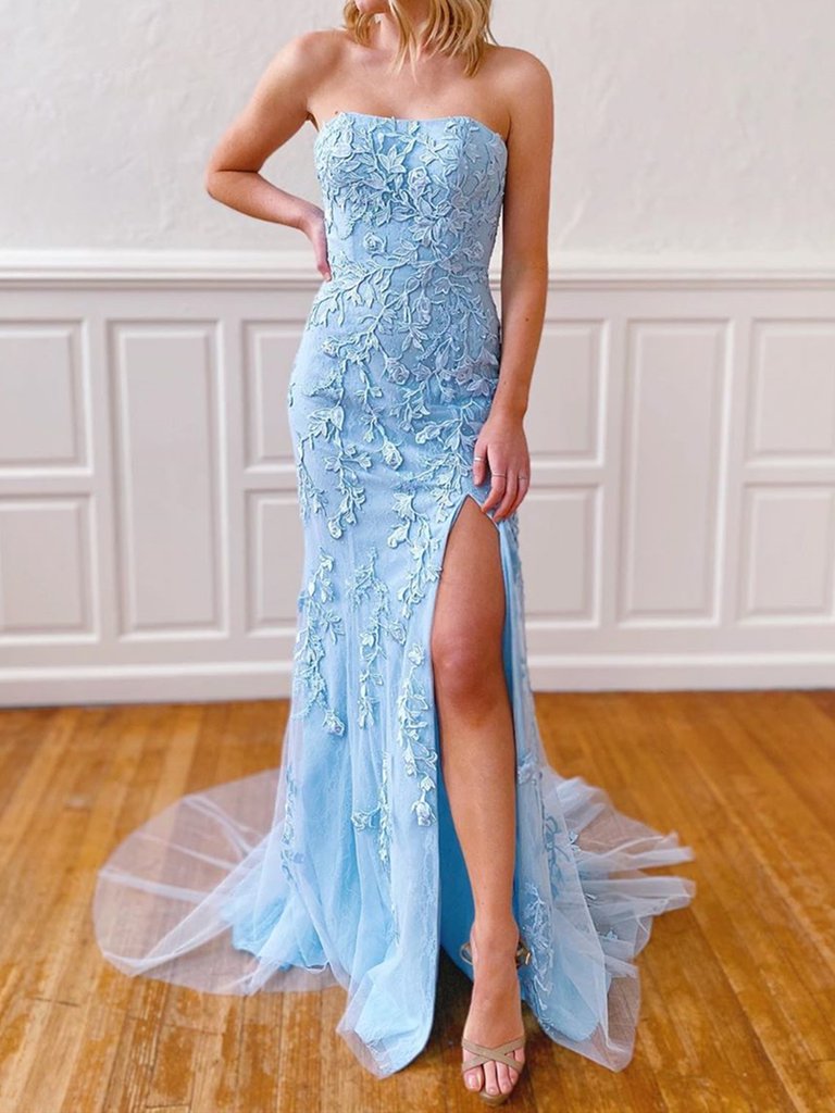 LTP0022,Strapless Sky Blue Lace Prom Dresses with Leg Slit, Light Blue Mermaid Lace Formal Evening Dresses