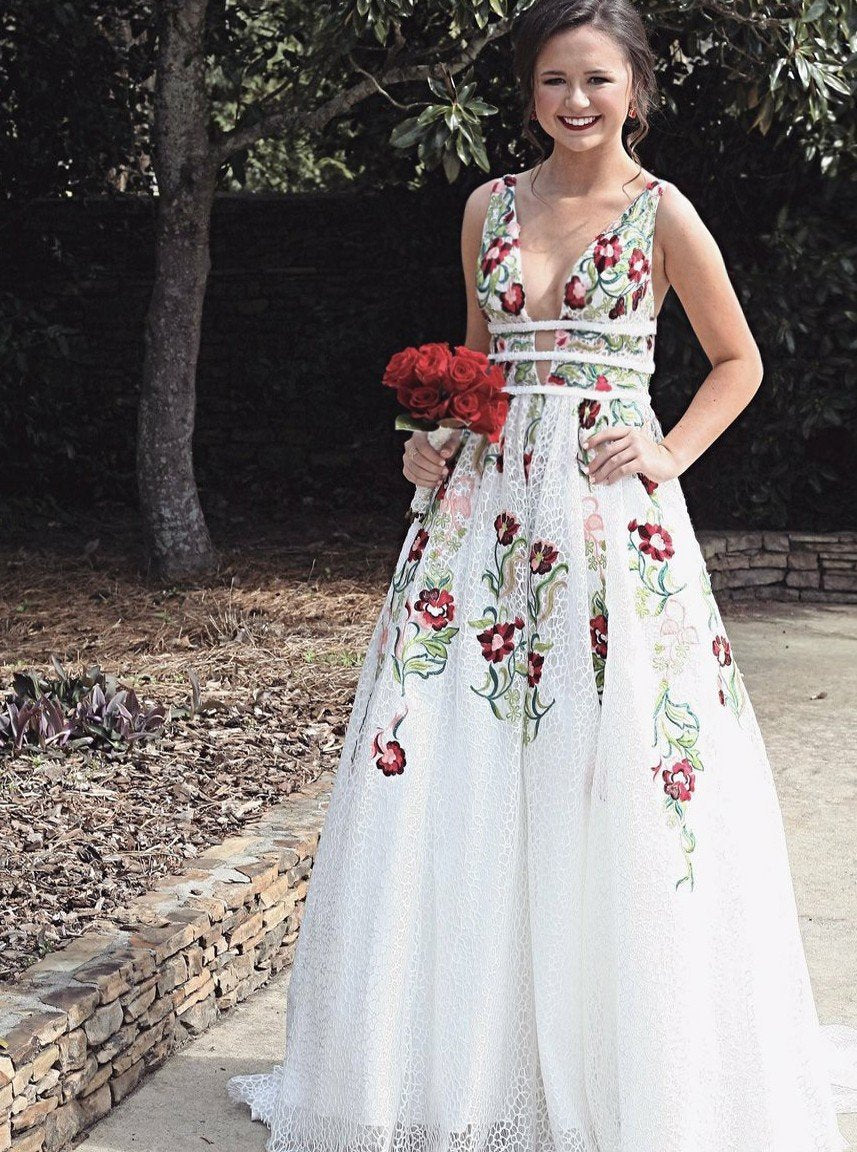 LTP0561,Elegant white embroidery long prom dress lace a-line formal party dresses