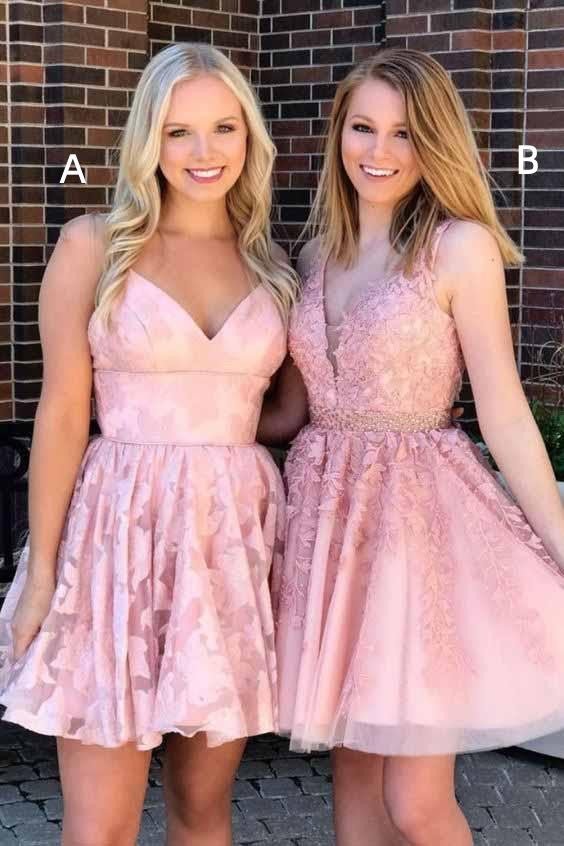 LTP1445,Sweet Pink A-Line Homecoming Dresses V-Neck Graduation Dress