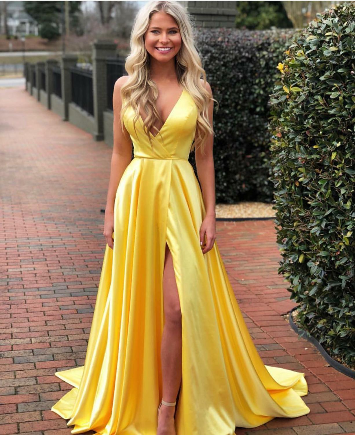 LTP0539,Yellow V-Neck Prom Dresses Long Halter Evening Party Dress