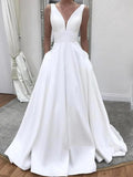 LTP1128,Charming white v-neck long wedding dresses,A-line satin bridal dress,long wedding gown