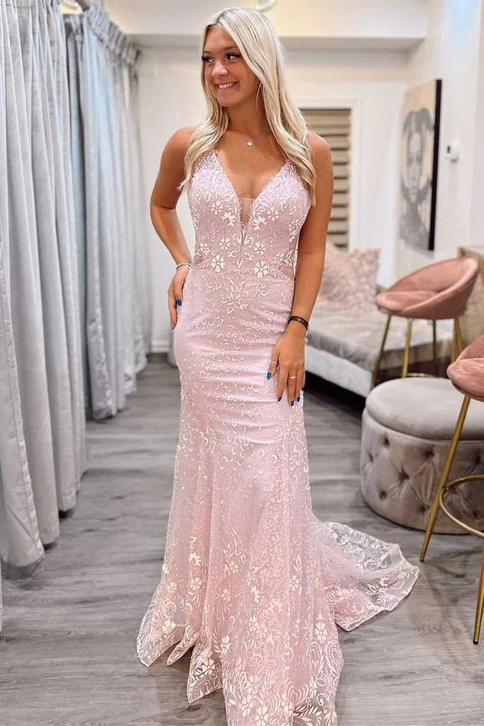 LTP1391,Light Pink Lace Mermaid Tight Prom Evening Dresses – Laylatailor Shop