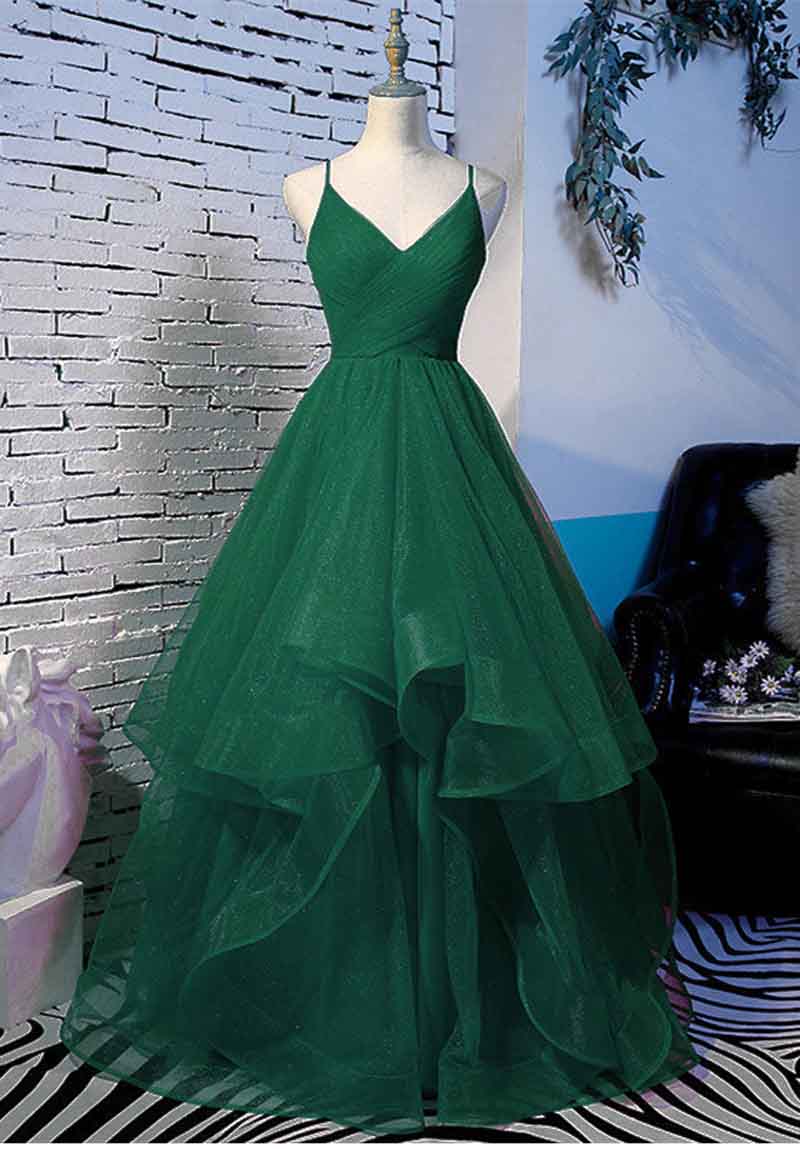 LTP0013,Green prom dress spaghetti straps evening dress v-neck tulle layers party gown