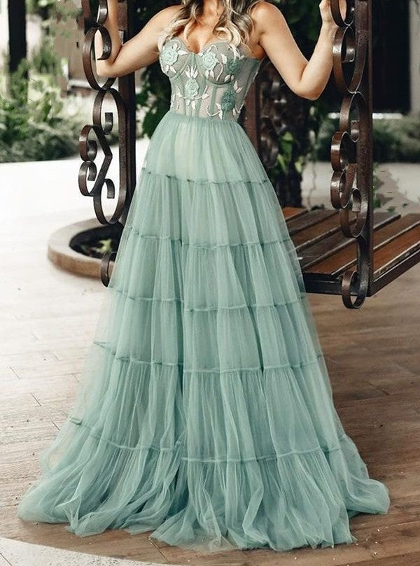 LTP1209,Mint Green Sweetheart Embroidery Tulle Long Prom Evening Dresses