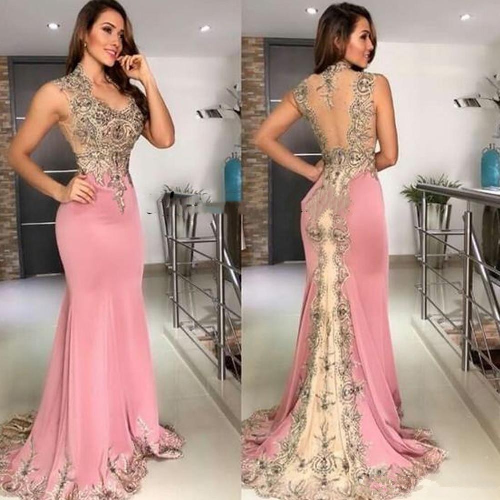 LTP0607,Pink mermaid applique beaded long prom dress