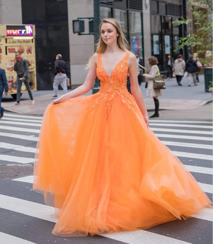 LTP1308,Vestido Orange Tulle A-Line Prom Evening Dresses