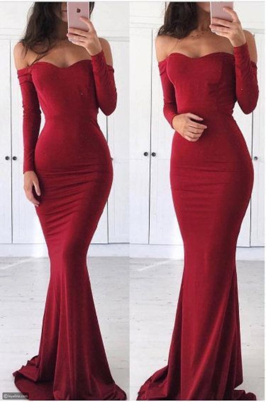 LTP0329,Red Prom Dresses Off The Shoulder Evening Dress Satin Mermaid Long Prom Dress