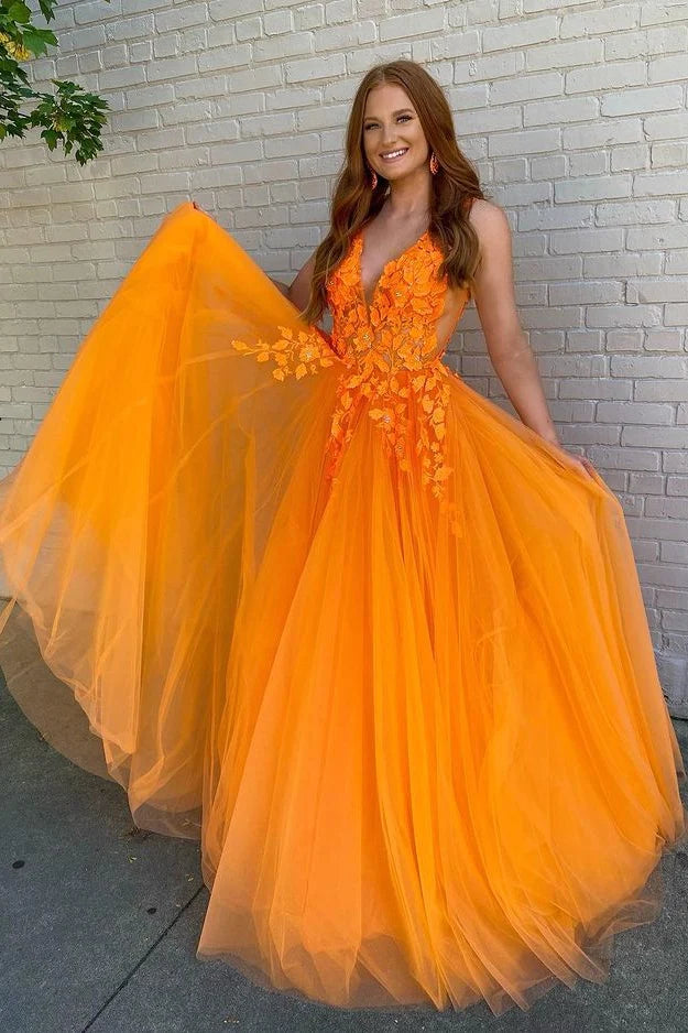 orange tulle prom dress Gorgeous Orange V-Neck Floral Tulle Long Prom Dress fg3198