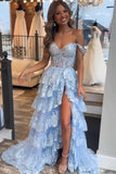 LTP1715,Cute A Line Off the Shoulder Light Blue Sequins Lace Long Prom Dresses with Slit