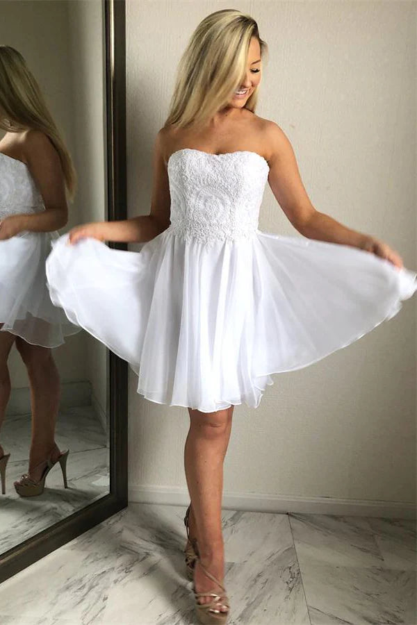 LTP1300,White Chiffon Homecoming Dresses Sweetheart Lace Graduation Dress