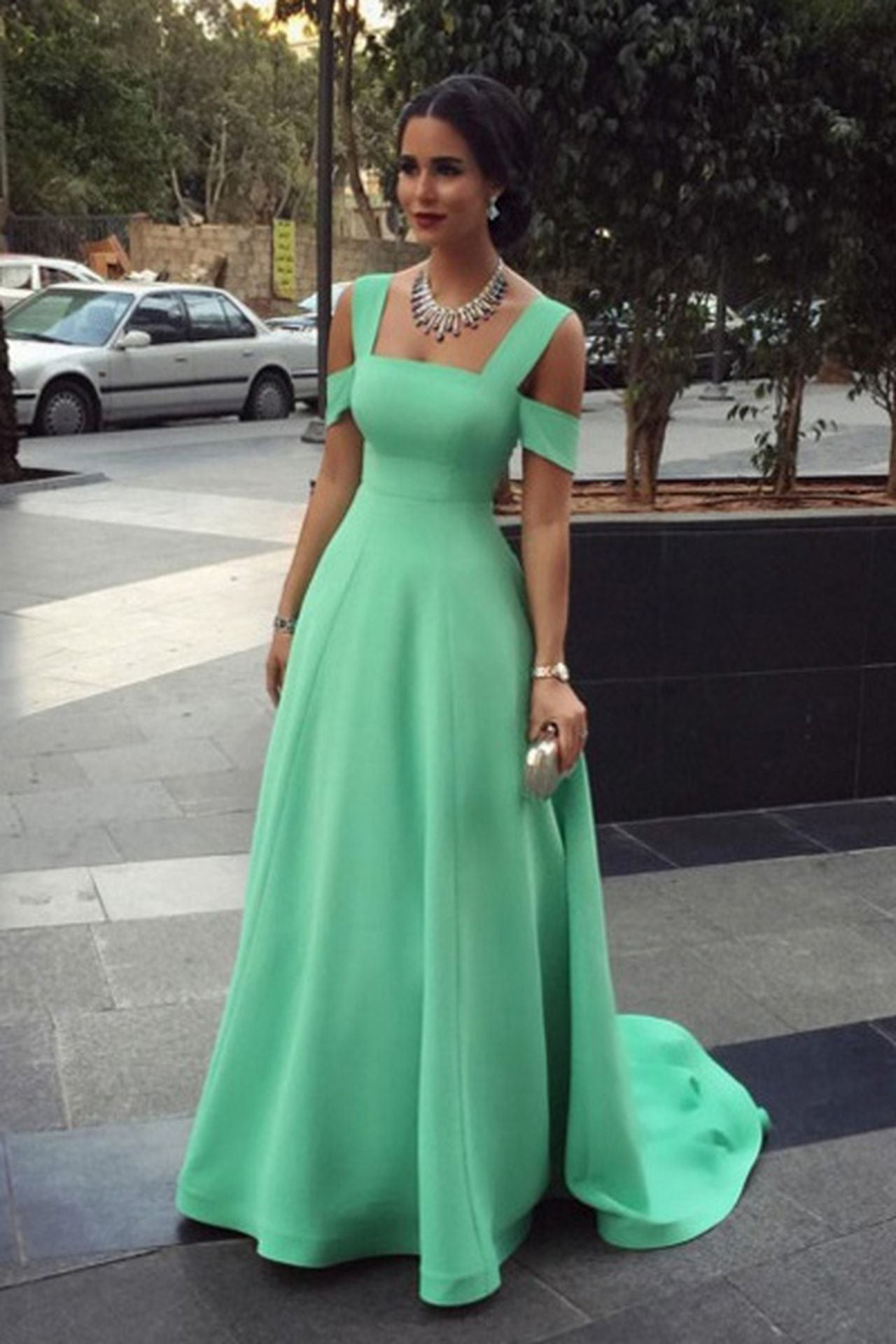 LTP0459,Green Off The Shoulder Prom Dresses With Sweep Train