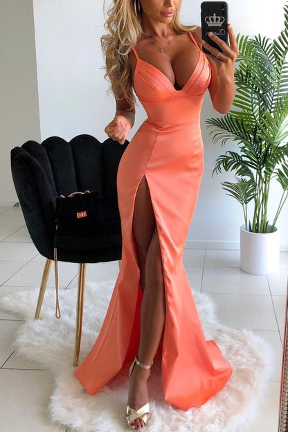 LTP0430,Sexy Orange Mermaid Spaghetti Straps V-neck Prom Dress With Side Slit