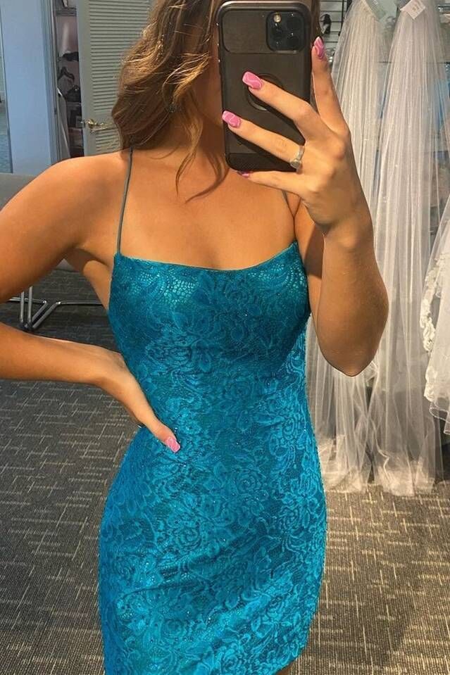 LTP1150,Teal blue lace homecoming dresses,spaghetti straps mini prom dresses