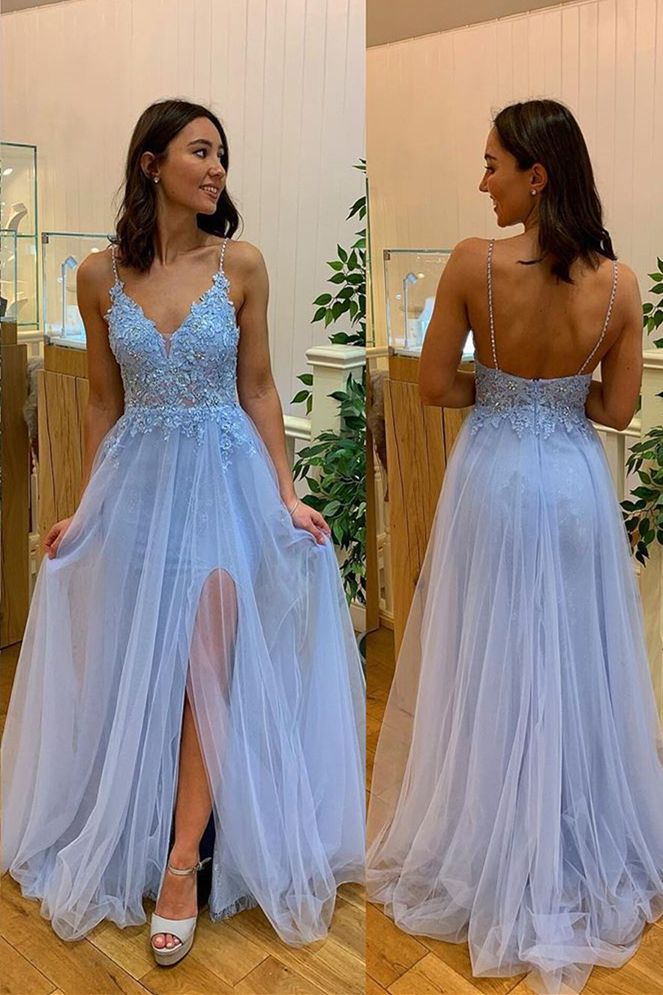 LTP0060,Sexy Spaghetti Straps V-Neck Long Prom Dress With Appliques,Blue Evening Dress