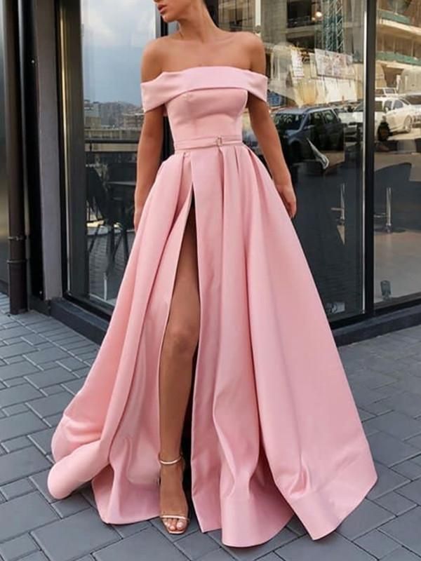 LTP0105,Pink off the shoulder a line satin prom dress with side slit
