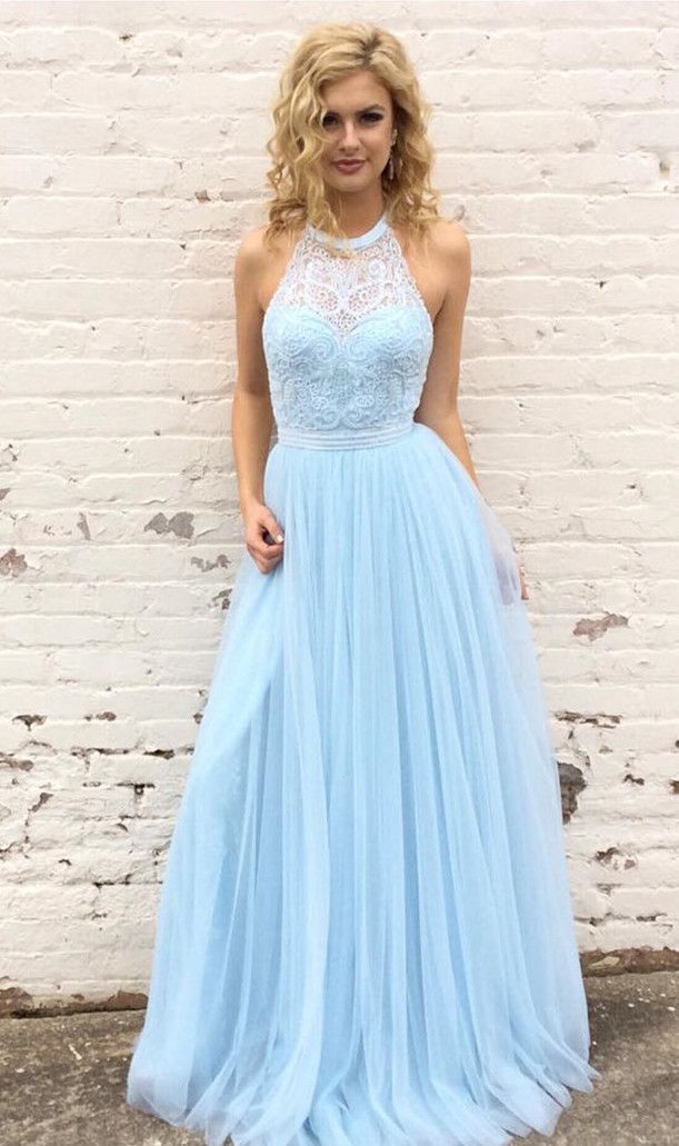 LTP0904,Light Blue Prom Dresses Halter Neckline,Lace Ball Gown,Tulle Dresses For Party,Lace Evening Dress,Halter Formal Dress