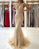 LTP0195,Champagne mermaid long prom dress applique lace evening formal gown