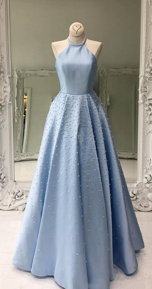 LTP0352,Beautiful light blue pearl beaded a line prom dresses halter a line evening dress