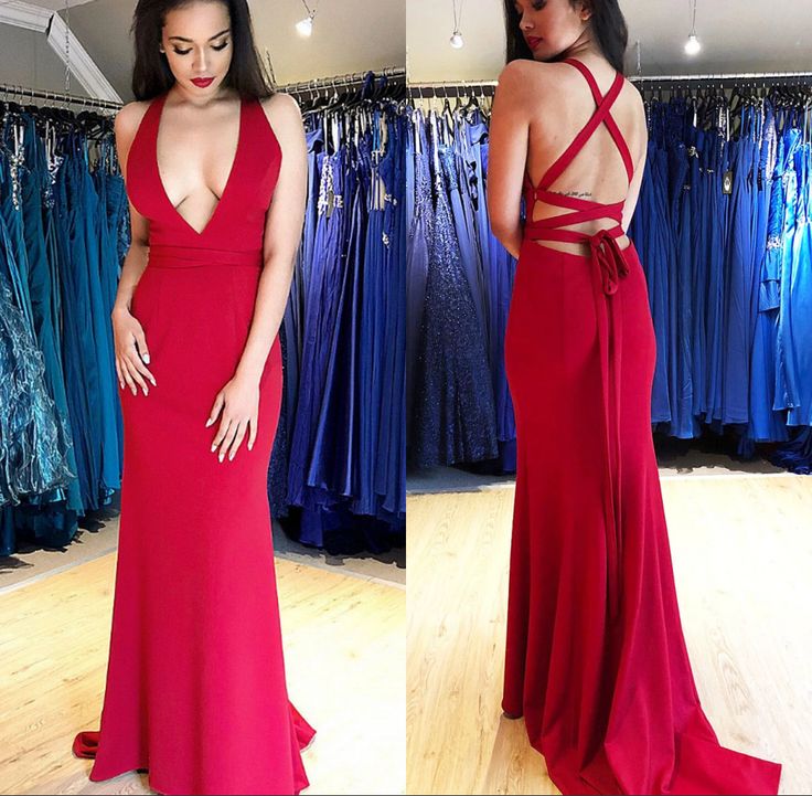 LTP1717,Sexy Mermaid Red Satin Prom Dresses With Cross Back, Deep V-Neck Sexy Prom Evening Dress
