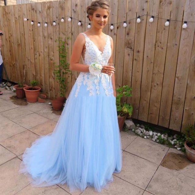 LTP0039,Elegant A Line Tulle Blue And White Appliques V Neck Long Prom Dresses