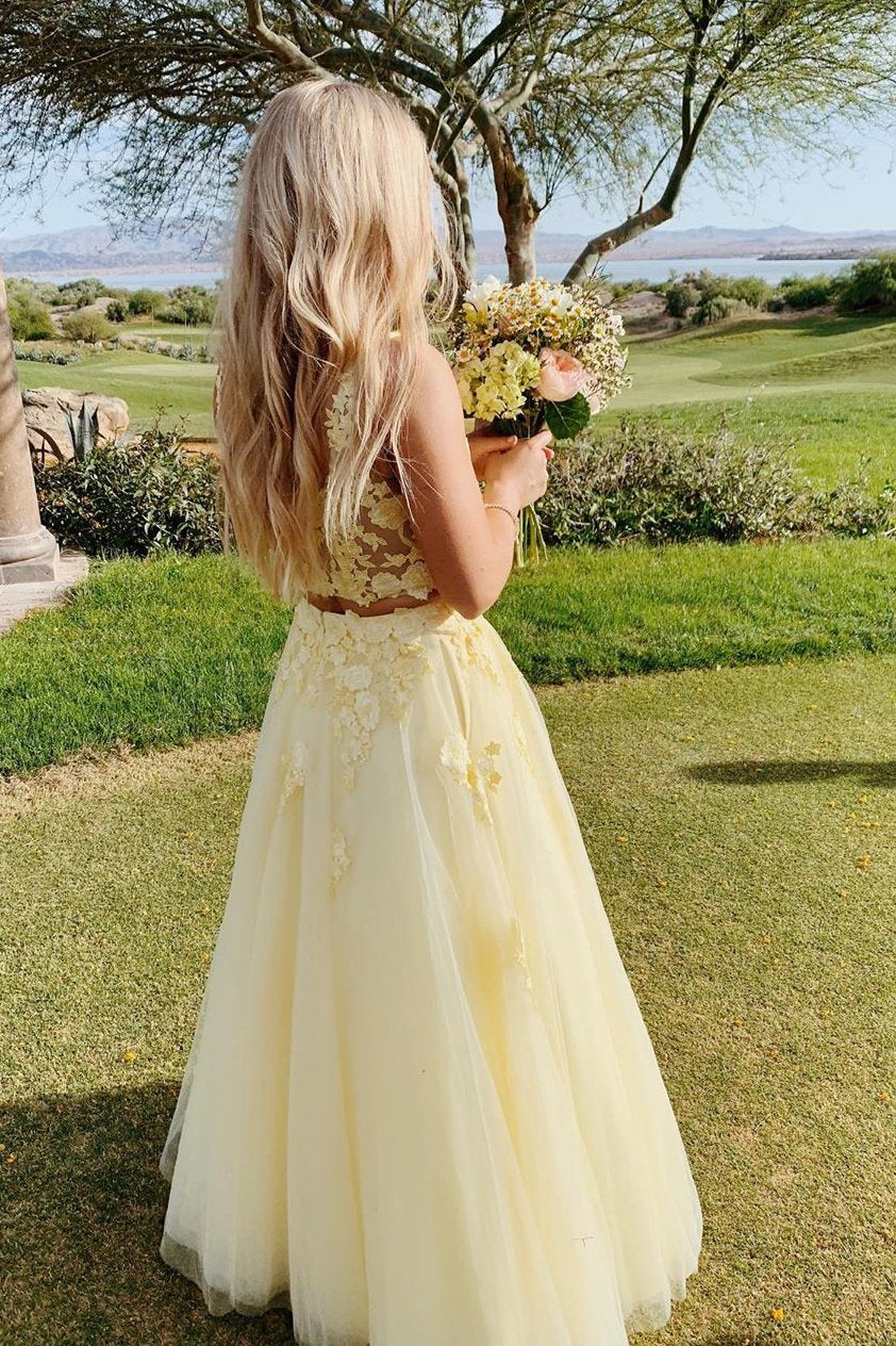 LTP0861,Two Piece Square Light Yellow Prom Dress with Lace Appliques