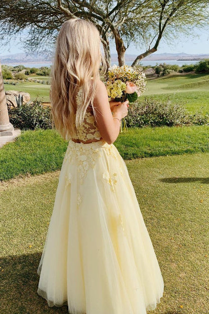 Pastel Yellow Flower Prom Dress Two Piece Yellow Prom Dresses