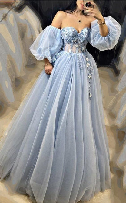 LTP0383,Light blue ball gown sweetheart prom dresses tulle prom dress with bubble sleeves