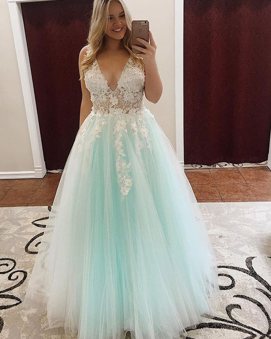 LTP0746,Elegant mint green tulle prom dress floral applique v-neck a-line evening formal gown