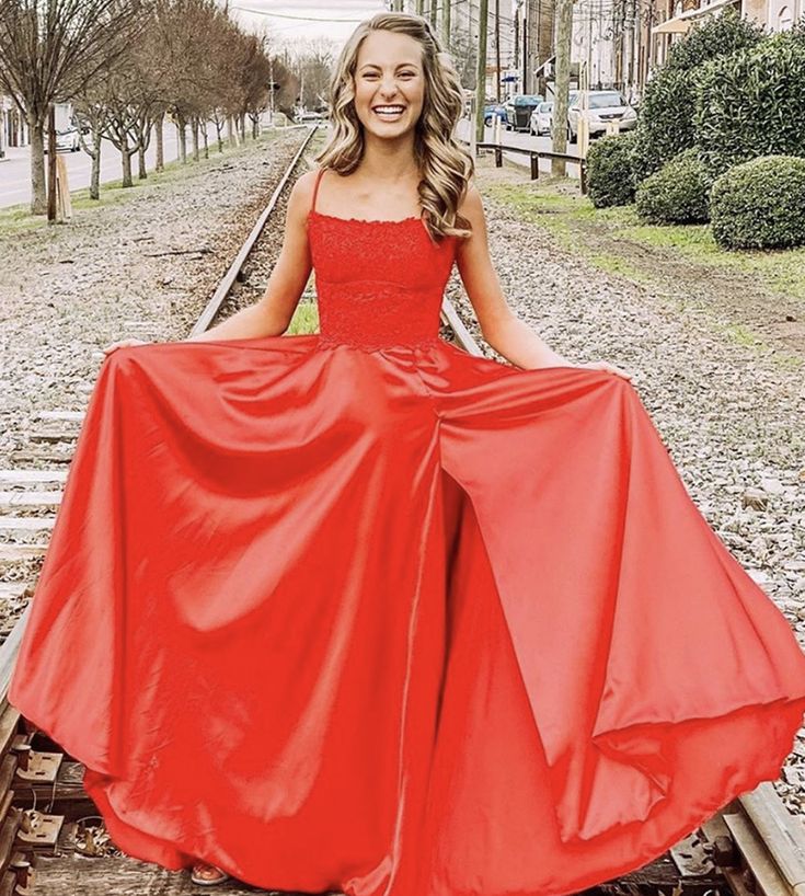 LTP1307,Red Satin Lace Long Prom Dress Evening Dress With Side Slit