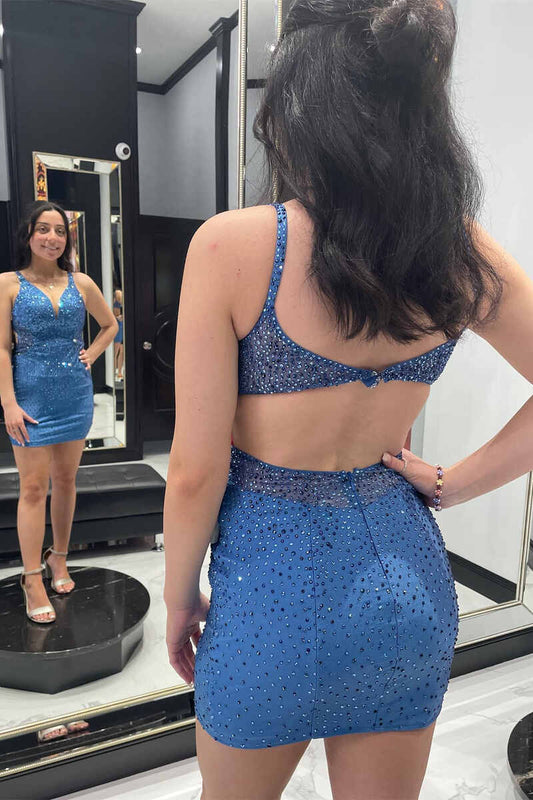 LTP1179,Blue Beaded V-Neck Backless Mini Homecoming Dress