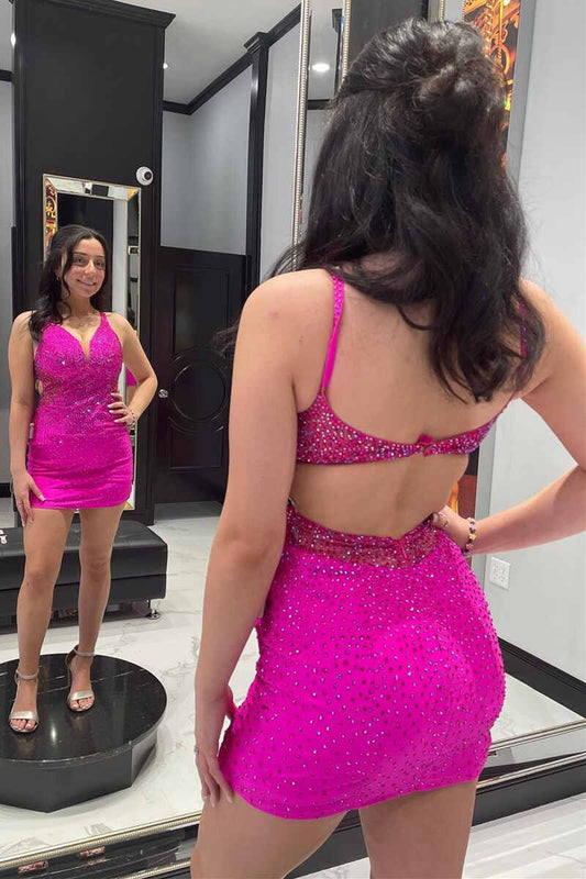 LTP1179,Blue Beaded V-Neck Backless Mini Homecoming Dress